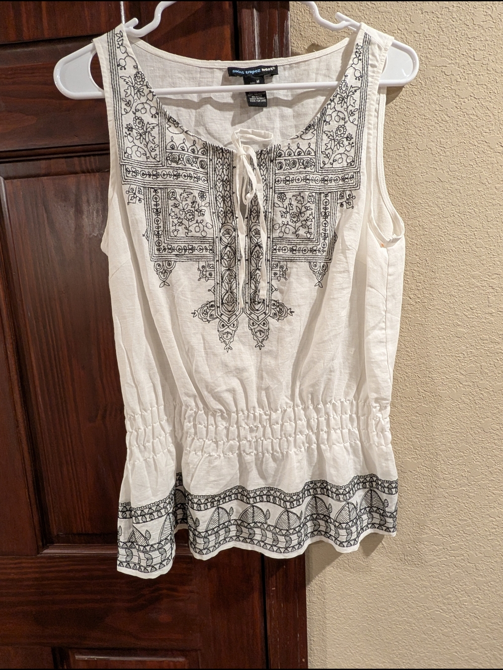Saint Tropez West White Sleeveless Embroidered Tie-Front Tank